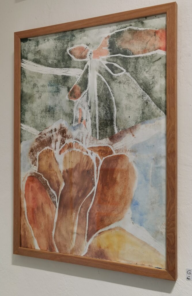 Collage/Holzdruck/Ei-Tempera auf Zeichenpapier, A3, erhältlich, Preis: € 180,- (inkl. Rahmen)