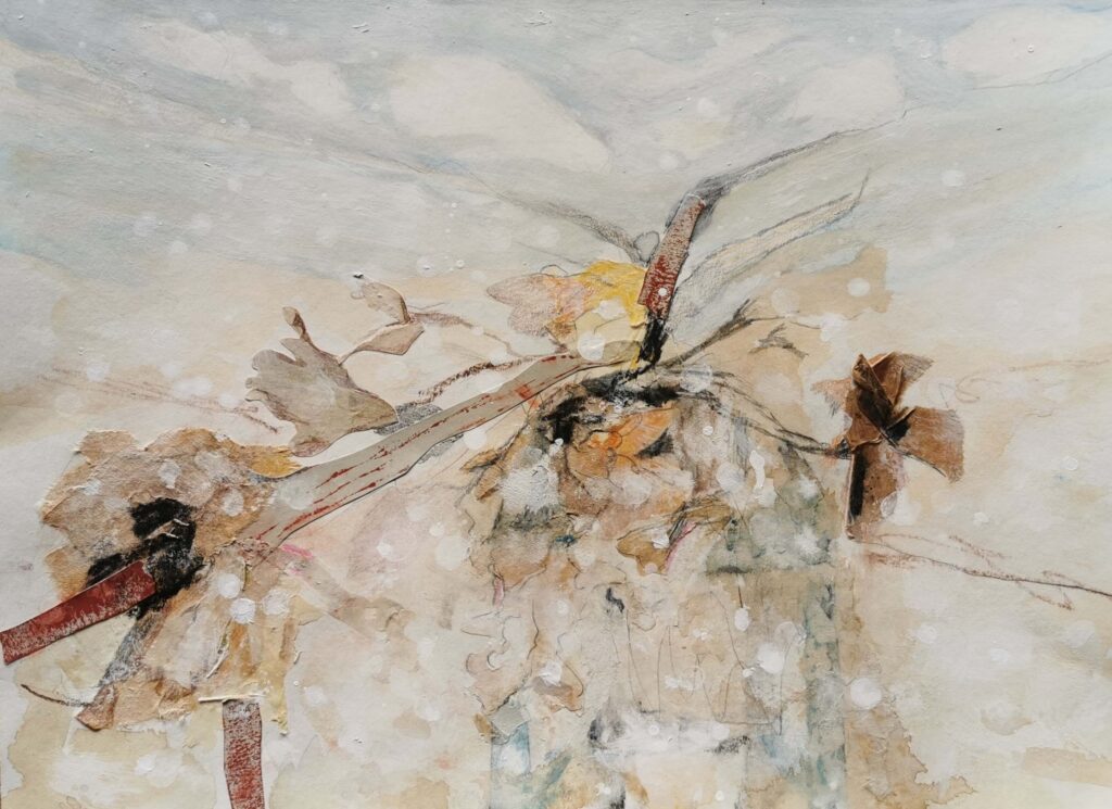 Mixed-media collage inspired by a winter landscape in white and earthy tones.
