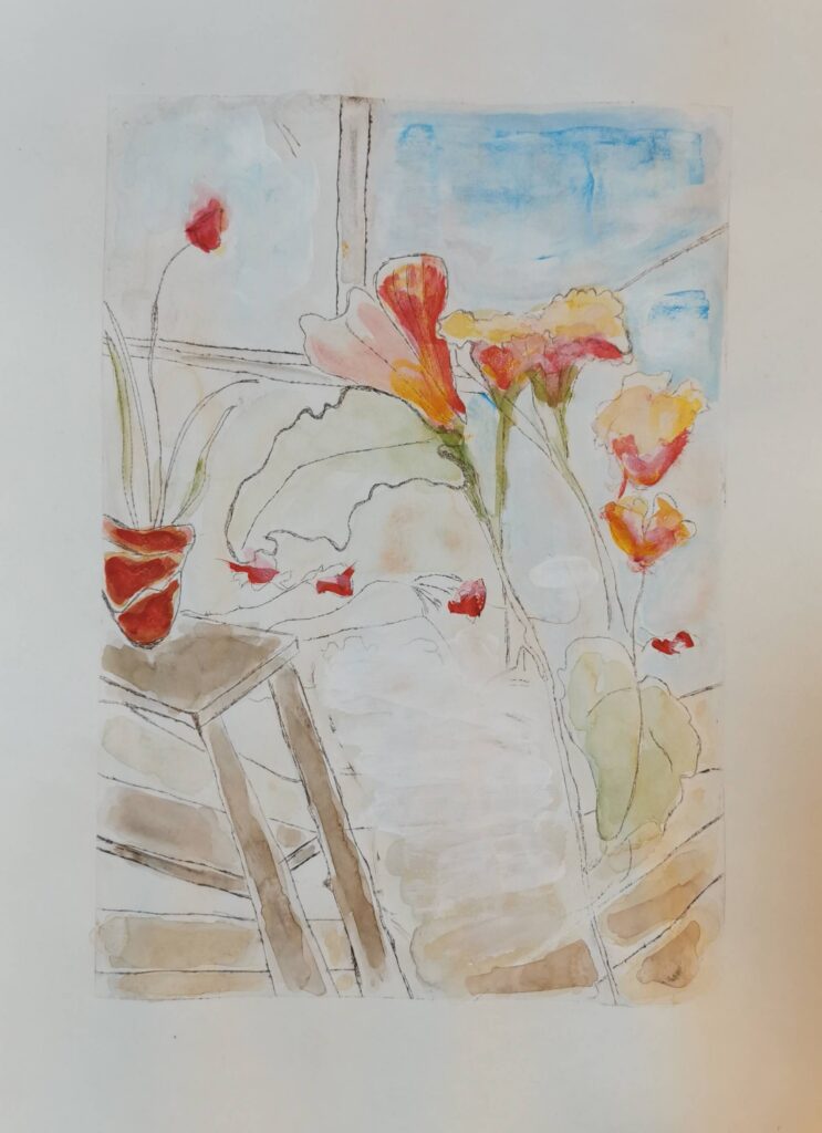 Abstrahiertes Gartenstillleben mit floralen Formen in Blau, Grün, Rosa und Orange, Kaltnadelradierung und Gouache