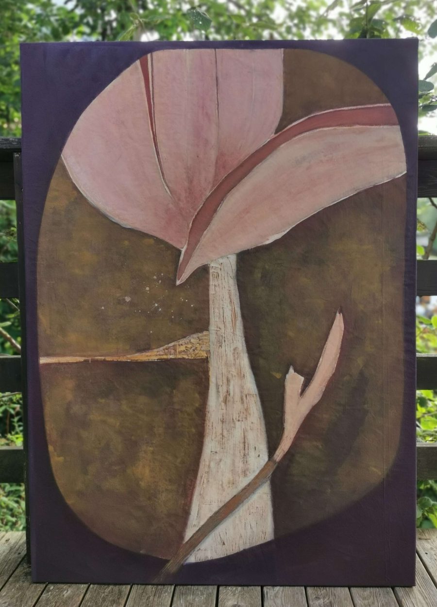 Gemälde auf Leinwand, abstrakte Darstellung organischer Formen in Rose- und Brauntönen, Holzdruck mit Eitempera, aus der Serie Metamorphose I.